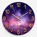 Modern 30cm round glass wall clock featuring a purple nebula dial and rose gold numerals - Purple Nebula