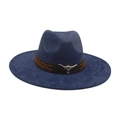Navy blue wide brim fedora with brown leather band and silver bull head ornament - Navy Blue