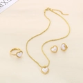 Golden heart jewelry set with pearl shell inlay including necklace, earrings, and ring - 3-Piece Set (Ring Size 6) / Gold