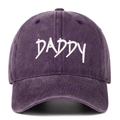 Close-up of white DADDY embroidery on vintage washed purple cotton baseball cap - One Size / Purple
