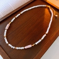 Detail of beaded necklace with pearls and purple crystal on a vintage wooden tray - 39# Necklace - Gold Purple Baroque Bead