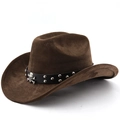 Brown faux suede western cowboy hat with studded black belt and skull ornament - M (56-58cm) / Coffee