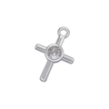 Macro detail of silver cross pendant with central clear zircon and polished finish - White Gold Cross
