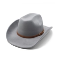 Detail of grey felt cowboy hat featuring a brown faux leather band and gold buckle - M (56-58cm) / Gray