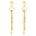 Golden heart-shaped stud earrings with long snake chain tassels and bead accents - Heart Beaded Tassel Style (GE925)