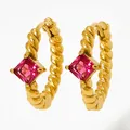 Twisted rope 18K gold stainless steel hoop earrings with square pink zircon stone - Gold Red Gemstone (KDE711)