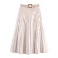 Elegant beige pleated midi skirt for women featuring high waist and matching metal buckle belt - XS / Off White