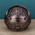 Spherical bronze metal ashtray with vintage rose relief and rotating lid design - Red Copper Large Rose