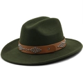 Detail of dark green wool jazz hat featuring a brown leather band with silver rivets - M (56-58cm) / Army Green