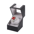 Single watch winder in black lychee pattern leather with a clear glass window - 1+0 Ostrich Pattern (Black Exterior Grey Interior)