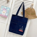 Dark blue denim tote bag with star graphics and front pockets for students - Style 1 Dark Blue (Printed)