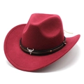 Classic wine red felt cowboy hat featuring a silver bull head buckle and braided band - One Size 58cm / Bull Skull Braided Rope Style / Burgundy