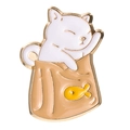 Cute enamel cat brooch with white kitten in a brown bag and yellow fish pattern - XZ7778-White Cat In Brown Bag