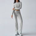 Women's Y2K grey ribbed knit tracksuit with slim long sleeve top and flared drawstring pants - S / Gray