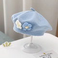 Classic light blue knitted baby beret hat with white and blue handmade flower details - Double Flower Knit Beret / Blue