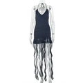 Detail of ruffled halter neck and asymmetrical sheer mesh hem on a black bodycon dress - S / Black
