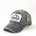 Detail of grey washed baseball cap featuring Explorer patch and green mesh back - Adjustable / Dark Gray