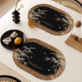 Oval leather placemat set in black and tan featuring bamboo and butterfly patterns - Oval / 4 Pieces / French Vintage Style-F