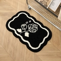 Absorbent black and white rose shaped bath mat with plush velvet flocking and wavy edges - Floral Pattern-Black