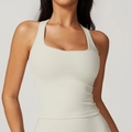 Sleeveless off-white racerback sports vest with square neck and brushed athletic fabric - S / Grey Apricot