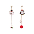 Asymmetric Christmas earrings featuring snowman, penguin motifs and a red plush ball charm - Penguin Asymmetrical Earrings