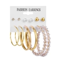 Close-up of 6 pairs of gold earrings set with pearls and rhinestones on a white card - 6 Pairs Set-Gold Pink Pearl Wrap