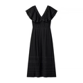 Elegant black V-neck maxi dress with flutter sleeves and ruffled high waist design - XS / Black