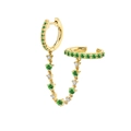 Detailed shot of golden double piercing chain earring with green crystals and small white stones - 31(Single)-Gold Integrated Green Gem Ear Cuff