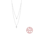 Double-layered 925 sterling silver necklace with cross and round diamond pendant - 925 Silver / Silver Cross Rhinestone Layered Style