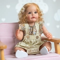 Lifelike 55cm baby doll with blonde curls and blue eyes in floral outfit on pink chair - Floral Shirt with Beige Overalls Style / 55cm Standard Painting