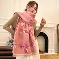 Elegant pink pashmina scarf with horse carriage pattern and classic fringe edges - Carriage Years-Pink
