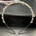 Handmade headband featuring natural raw labradorite crystal chips on a black metal wire frame - Labradorite + Silver Band