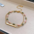 Bracelet double rang en titane doré avec pierres rose et verte et pendentif barre cylindrique - Bracelet Double Couche Géométrique Vintage Plaqué Or Véritable / Or/Rose/Vert