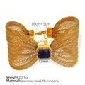 Pulsera de malla dorada con lazo de diamantes cuadrados azules en acero inoxidable - Pulsera Dorada con Strass Azul Oscuro