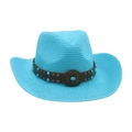 Chapeau de cowboy bleu tressé avec bande en cuir et perles turquoise de style western - Bleu Lac