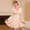 Elegant champagne satin V-neck mini dress with lantern sleeves and layered skirt detail - S / Apricot