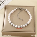 Elegantes 6mm weißes Glasperlenarmband mit Silberperlen und verstellbarer Metallkette - 6mm (KB206994-Z) / Stahlfarbe