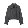 Short dark grey pinstripe bomber jacket with long sleeves and classic lapel on white background - S / Top Only