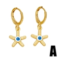 Golden starfish hoop earrings featuring a central blue evil eye design on white background - Starfish Evil Eye Style (A)