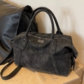 Large charcoal faux suede Boston travel bag with silver zippers and crossbody strap - Black