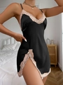 Damen Nachthemd aus schwarzem Satin mit rosa Spitze und Seitenschlitz-Detail - S / Schwarz