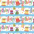 Cartoon Happy Birthday wrapping paper with colorful cakes and gifts on blue wavy pattern - Birthday Cake Gift Box
