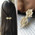 Golden butterfly hair clip with white pearls and rhinestones in bow design - Pearl Leaf Spring Clip