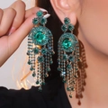 Elegant emerald green rhinestone tassel drop earrings featuring a luxurious vintage style - Tassel Drop (BXE055GL-EM) / Emerald