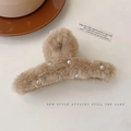 Faux fur hair claw clip in beige brown with pearl accents for thick hair styling - Milk Tea Faux Rabbit Fur Pearl Claw Clip