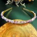 Macro detail of handmade purple crystal stones wired on a golden metal headband base - Light Amethyst with Gold Wire Gold Headband