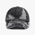 Gorra de béisbol de mezclilla gris oscuro lavado con detalles vintage desgastados y rotos - Ajustable / Negro (24A211)
