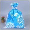 Blue Christmas gift bag with white snowflakes and a white ribbon drawstring closure - 44*60cm / Blue Snowflake Print