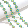 Golden stainless steel chain featuring bright sky blue and yellow enamel daisy charms - Price per Meter / Gold-Blue