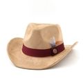 Vintage camel western cowboy hat with burgundy ribbon and decorative feather detail - M (56-58cm) / Camel
